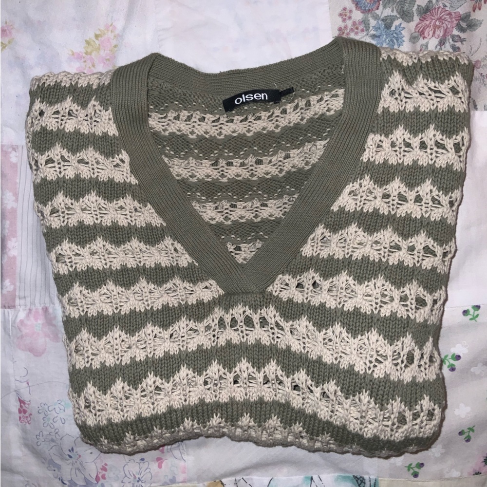 olsen Green and Cream knit Sweater 100% cotton‎ L 3/4 sleeves